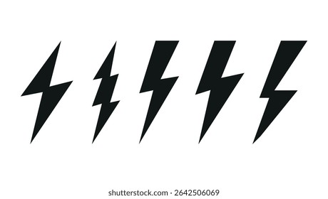 black lightning bolt icons in different styles used for electricity, energy or warning signs	