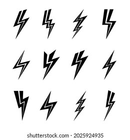 Black Lightning Bolt Icons. Simple Icon Storm or Thunder and Lightning strike. Flash Symbol, Thunderbolt. Simple Cartoon Lightning Strike Sign on White