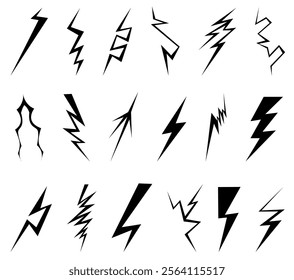 Black lightning bolt icons. Simple thunderbolt symbols. Electric strikes. Different zigzag shapes. Various designs flashes. Thunderstorm sky blasts. Silhouette power