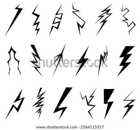 Black lightning bolt icons. Simple thunderbolt symbols. Electric strikes. Different zigzag shapes. Various designs flashes. Thunderstorm sky blasts. Silhouette power