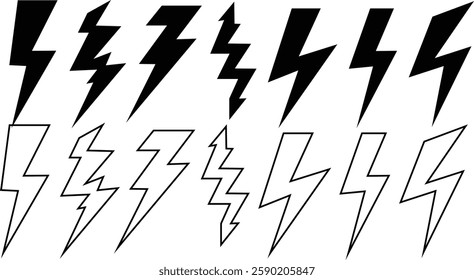Black Lightning Bolt Icons for Storm Electricity and Speed Concepts in Web and App Design