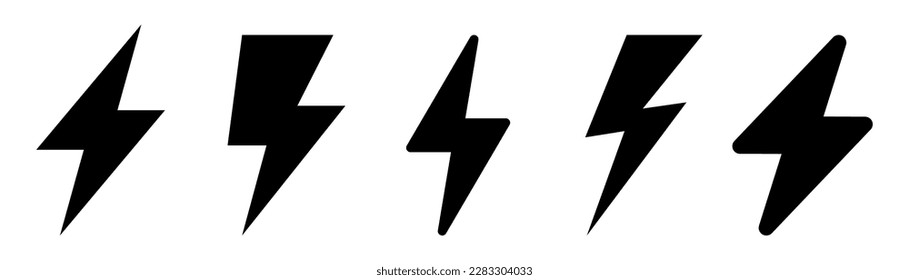 Black lightning bolt. Thunderbolt icons set. Black charge symbol. Thunderbolt icon set. Energy symbol. Lightning bolt sign set. Stock vector illustration