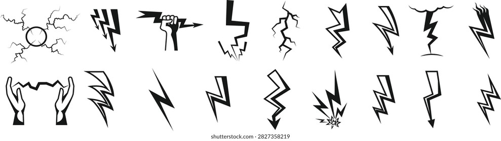 Black lightning bolt vector icons set featuring thunder strike symbols and electric discharge elements isolated on white background.