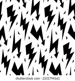 Black lightning bolts seamless pattern. Thunderbolts repeating background. Storm lightning strikes ornament wallpaper. Energy power or electricity voltage symbols.
