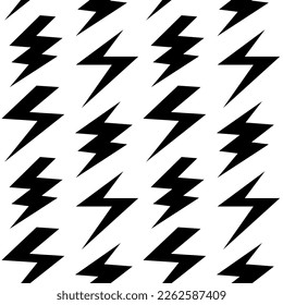 Schwarze Blitzschrauben nahtloses Muster. Unterschrauben, die den Hintergrund wiederholen. Sturm- und Blitzschlag-Ornament-Tapete. Hochspannungssymbole. Rockmusik-Hintergrund. Vektorgrafik