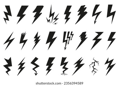 Black lightning icon collection. Bolt, power, thunder, charge, storm symbol. Set of thunderbolt icon