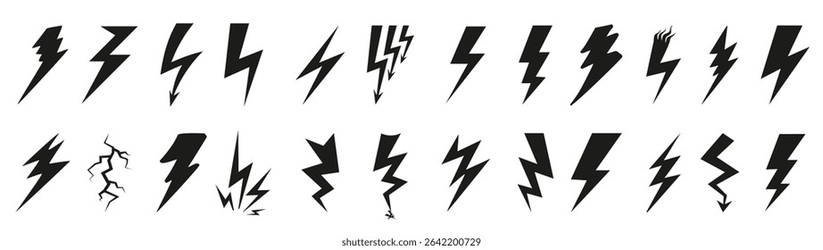Black lightning icon collection. Bolt, power, thunder, charge, storm symbol. Set of thunderbolt icon