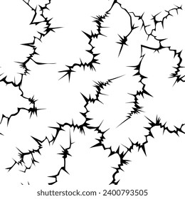 Schwarzer Blitz auf weißem Hintergrund. Nahtlose Muster des elektrischen Blitzes, Energieeffekte. Muster scharfer Risse im Boden. Vektorgrafik.