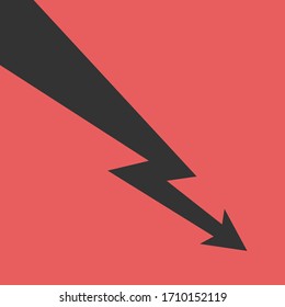 Schwarz-Blitzförmige Pfeil auf ominiertem rotem Hintergrund. Krise, Problem, Abnahme, Rezession, Risiko- und Gefahrenkonzept. Flaches Design. EPS 8 Vektorillustration Illustration, keine Transparenz, keine Farbverläufe
