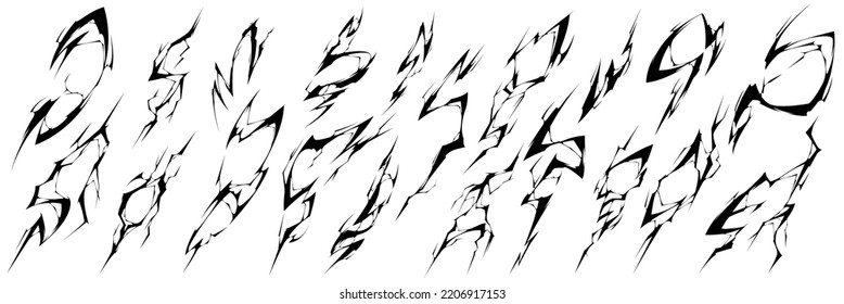 Black lightning silhouettes, thunderbolts. Earth ground, rock or floor cracks, vector cartoon illustration. Electric strikes, lightnings isolated on white background - Shutterstock ID 2206917153