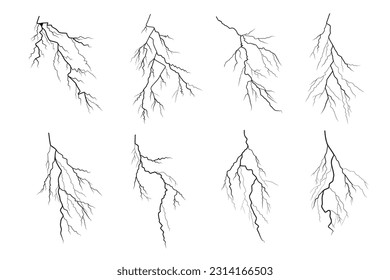 Siluetas de rayo negro. Tormenta eléctrica aislada en blanco. Ilustración del vector EPS10