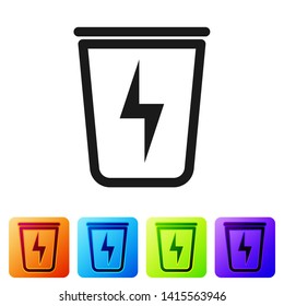 Black Lightning with trash can icon isolated on white background. Waste to energy. Garbage bin sign. Recycle basket sign. Set icon in color square buttons. Vector Illustration