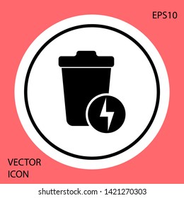 Black Lightning with trash can icon isolated on red background. Waste to energy. Garbage bin sign. Recycle basket sign. White circle button. Vector Illustration