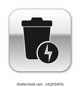 Black Lightning with trash can icon isolated on white background. Waste to energy. Garbage bin sign. Recycle basket sign. Silver square button. Vector Illustration
