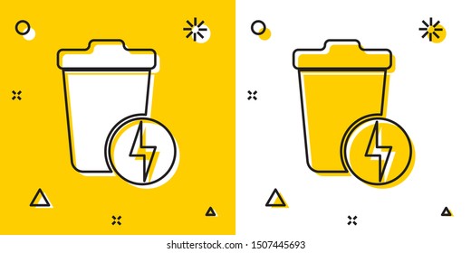 Black Lightning with trash can icon isolated on yellow and white background. Waste to energy. Garbage bin sign. Recycle basket sign. Random dynamic shapes. Vector Illustration