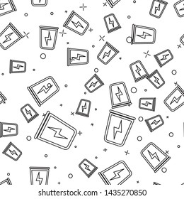 Black Lightning with trash can line icon isolated seamless pattern on white background. Waste to energy. Garbage bin sign. Recycle basket sign. Vector Illustration