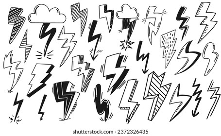 Black Lightnings Vector Icons Set Isolated on White Background. Monochrome Symbols of Zigzag Arrows, Electric Strike or Flash, Warning Sign for Dangerous Voltage, Thunderstorm, Battery Charge