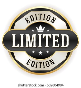 Black limited edition button / badge with silver border on white background