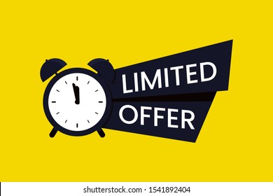 Black limited offer icon, symbol on yellow background. Promo with clock and banner. Last chance to buy concept. Sale banner, poster. Flat vector illustration.