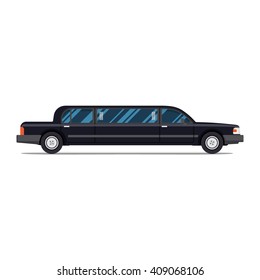 Black limo. limousine. hearse. Flat vector illustration. Isolate. Luxary vehicle. Side view