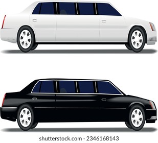 A black limo and a white limousine for prom and business travel , wedding celebration transportation.
