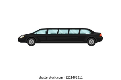 Black limousine. Airport limo service. Large, luxurious automobile. Luxury vehicle. Transportation theme. Flat vector design