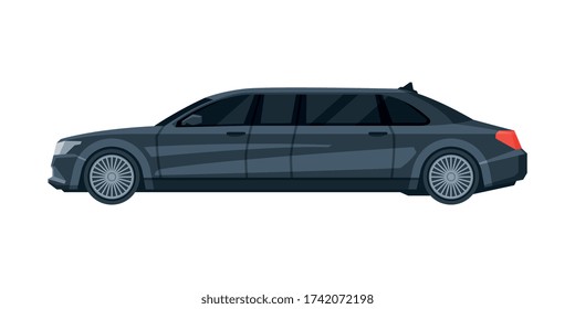 Black Limousine Car, Elegant Premium Luxurious Sedan Limo Vehicle, Side View Flat Vector Illustration