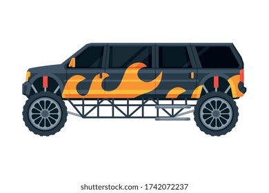 Black Limousine Car Painted with Flame, Elegant Premium Luxurious Vehicle, Side View Flat Vector Illustration