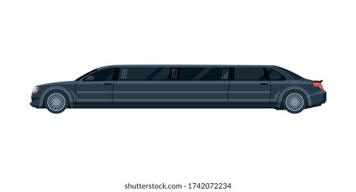 Black Limousine, Elegant Premium Luxurious Vehicle, Side View Flat Vector Illustration