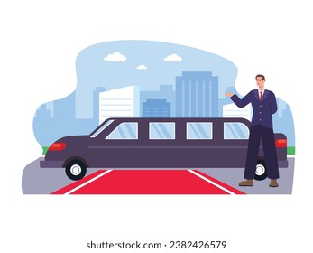 Black limousine luxury car with male security, private party for Hollywood VIP actresses. Character design. Vector flat illustration