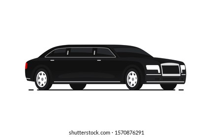 Black limousine vector illustration. Isolated on white background. Limousine service concept. Side view.