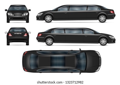 Black limousine vector mockup for vehicle branding, advertising, corporate identity. Isolated template of realistic car on white background. All elements in the groups on separate layers