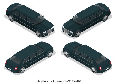 Black limousine. VIP car. Business travel. Luxury vehicle. Urban transport. Can be used for advertisement, infographics game or mobile apps icon. 