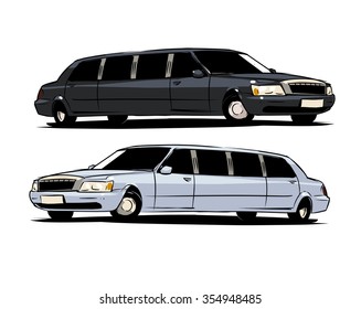 Black limousine and white limo wedding isolated on white background