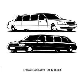 black limousine and white limo wedding. black and white illustration