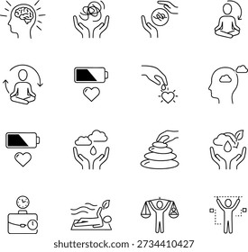 Black line of 14 wellness and self care concepts on white background line black and white des