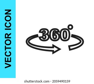 Black line 360 degree view icon isolated on white background. Virtual reality. Angle 360 degree camera. Panorama photo.  Vector