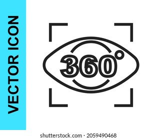 Icono de vista de línea negra de 360 grados aislado en fondo blanco. Realidad virtual. Cámara angular de 360 grados. Foto de Panorama.  Vector