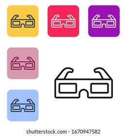 Black line 3D cinema glasses icon isolated on white background. Set icons in color square buttons. Vector Illustration