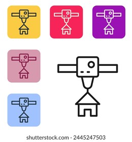 Icono de la casa de la impresora 3D de la línea negra aislado sobre fondo blanco. impresión 3d. Establecer iconos en Botones cuadrados de color. Vector