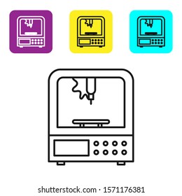 Black line 3D printer icon isolated on white background. Set icons colorful square buttons. Vector Illustration