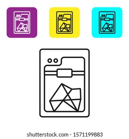 Black line 3D printer icon isolated on white background. Set icons colorful square buttons. Vector Illustration