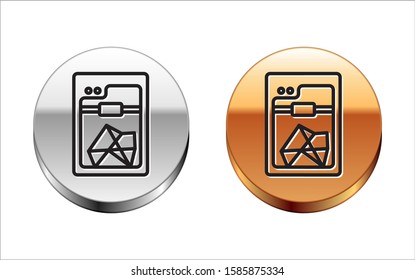 Black line 3D printer icon isolated on white background. Silver-gold circle button. Vector Illustration