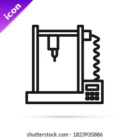 Black line 3D printer icon isolated on white background.  Vector Illustration