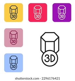 Icono de impresora 3D de línea negra aislado en fondo blanco. 3 quinquies de impresión. Establezca iconos en los botones cuadrados de color. Vector