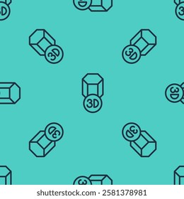 Black line 3D printer icon isolated seamless pattern on green background. 3d printing.  Vector