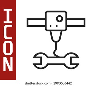 Black line 3D printer wrench spanner icon isolated on white background. 3d printing.  Vector