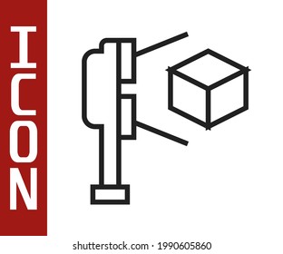 Black line 3D scanner with cube projection icon isolated on white background.  Vector