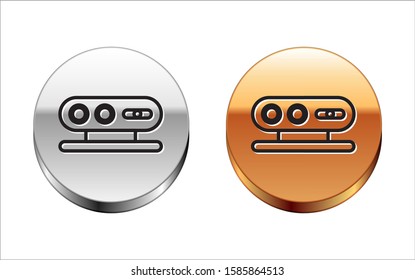Black line 3d scanning system icon isolated on white background. Silver-gold circle button. Vector Illustration