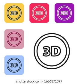 Black line 3D word icon isolated on white background. Set icons in color square buttons. Vector Illustration